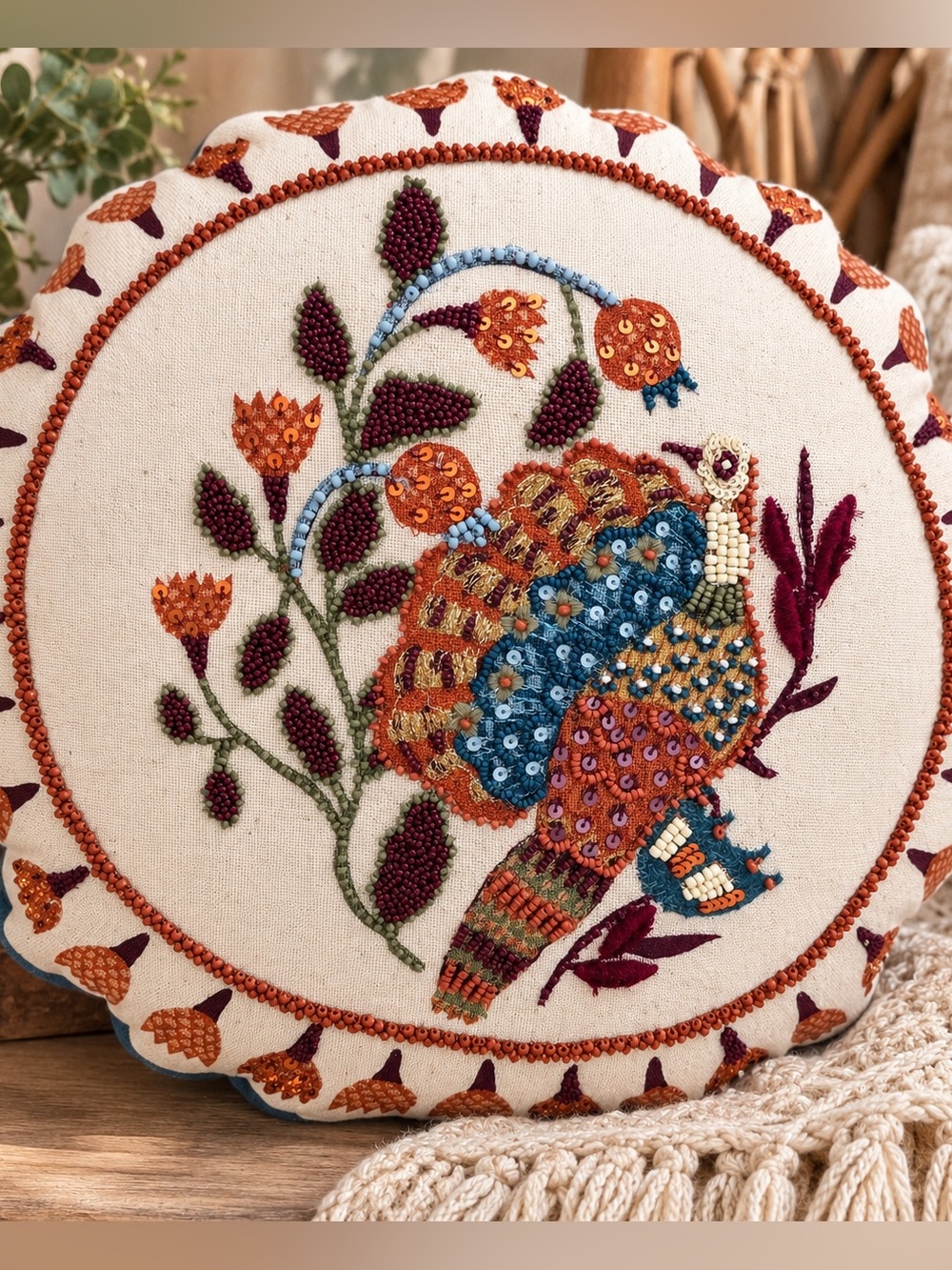 New Threshold Fall Embroidered Round Decorative Turkey Pillow Cottagecore Boho